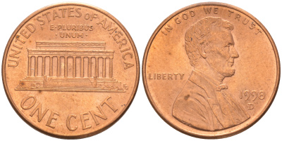 США 1 ЦЕНТ 1998 D ЛИНКОЛЬН KM 201b цинк плакированный медью UNC 187-1165
