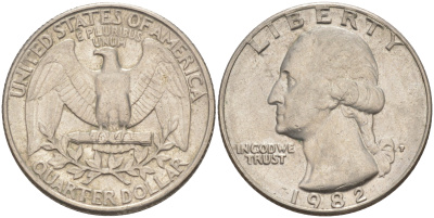 США 25 центов = квотер 1982 P, Вашингтон KM А164а медь плакированная медно-никелем 4114-826