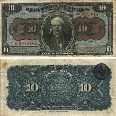 Мексика, Революция, Республика 10 песо 1915 Хосе Морелос-и-Павон, правительство конституционалистов Pick S686a бумага 6287-38-3