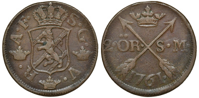 Швеция 2 эре 1761 S.M. диаметр 34 мм, вес 28,3 гр KM 461 медь 4179-323