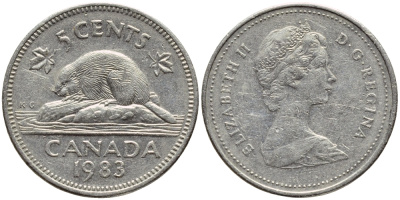 Канада 5 центов 1983 Елизавета II (1952-2022), бобер KM 60.2а медно-никель 4397-116