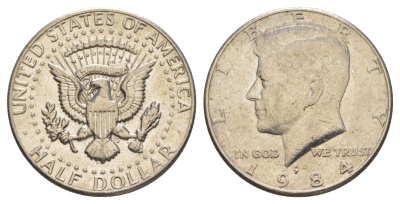 США 1/2 доллара (50 центов) 1984 P, Джон Кеннеди KM A202b медь плакированная медно-никелем aUNC 4517-612