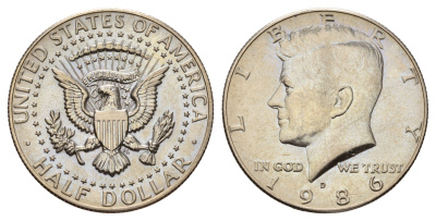 США 1/2 доллара (50 центов) 1986 D, Джон Кеннеди KM A202b медь плакированная медно-никелем UNC 4672-626