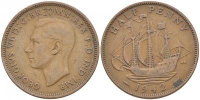 Великобритания 1/2 пенни 1942 Георг VI (1936-1952) KM 844, Spink 4115 бронза 212-1216