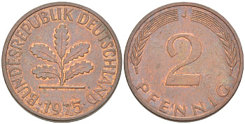 ФРГ 2 ПФЕННИГА 1975 J KM 106а, J. 381а сталь плакированная сталь плакированная медьюю 4181-817