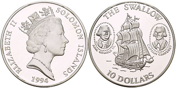 Соломоновы острова 10 долларов 1994 парусник, HMS Swallow, Филипп Картерет, король Георг III KM 52 серебро PROOF 1081-7-23