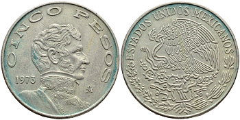 МЕКСИКА 5 ПЕСО 1973 ВИСЕНТЕ ГЕРРЕРО, САМЫЙ РЕДКИЙ ГОД KM 472 медно-никель 4394-1134