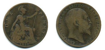 Великобритания 1 пенни 1910 Эдуард VII (1901-1910) KM 794.2, Spink 3990 бронза 47-824