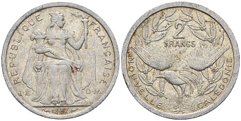 Французская Новая Каледония 2 франка 1987 птица кагу, (IEOM) KM 14, Schoen 11, Lec 64 алюминий    27-1031