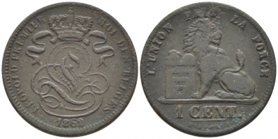 БЕЛЬГИЯ 1 САНТИМ 1862 BELGES KM 1.2 медь 116-714