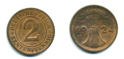 ГЕРМАНИЯ 2 РЕНТПФЕННИГА 1924 F J 307, KM 31 бронза 46-1256