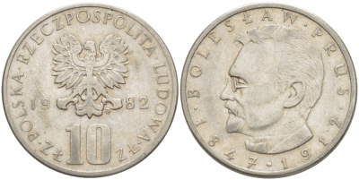 ПОЛЬША 10 ЗЛОТЫХ 1982 MW, БОЛЕСЛАВ ПРУС KM 73 медно-никель 213-823