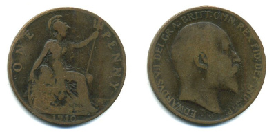 Великобритания 1 пенни 1910 Эдуард VII (1901-1910) KM 794.2, Spink 3990 бронза 47-824