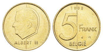 Бельгия 5 франков 1998 Belgie, Альберт II KM 190 алюминиевая бронза UNC 4706-421