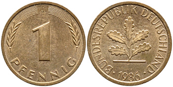 ФРГ 1 ПФЕННИГ 1986 J КМ 105 J.380 сталь плакированная медью 4392-1029