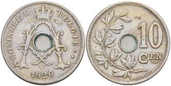 БЕЛЬГИЯ 10 САНТИМОВ 1920 BELGIE KM 86 медно-никель 106-654