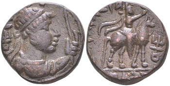 КУШАНСКОЕ ЦАРСТВО ТЕТРАДРАХМА 55 - 105 СОТЕР МЕГАС, БЮСТ ЦАРЯ, ЦАРЬ НА КОНЕ, ТАКСИЛА, 8,00 гр Mitchiner, ANCW 2949 медь 1073-19-46