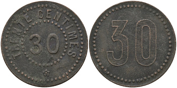 ФРАНЦИЯ 30 САНТИМОВ ND ПЛАТЕЖНЫЙ ЖЕТОН НАЧАЛА XX ВЕКА, НА АВЕРСЕ НОМИНАЛ ЦИФРАМИ И ПРОПИСЬЮ, ДИАМЕТР 23,5 ММ. латунь 65-353