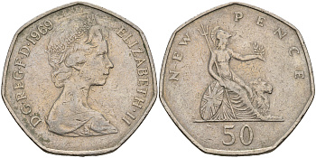 Великобритания 50 пенсов 1969 Елизавета II (1952-2022) KM 913, Spink 4223 (H1) медно-никель    59-223