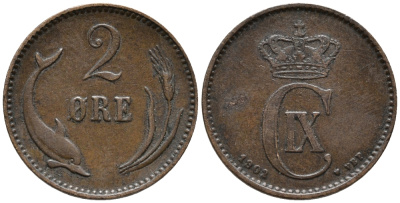ДАНИЯ 2 ЭРЕ 1902 VBP, КРИСТИАН IX (1863-1906) KM 793.2 бронза 67-145