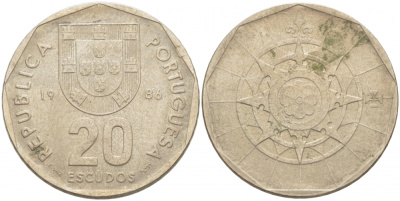 ПОРТУГАЛИЯ 20 ЭСКУДО 1986 INCM KM 634.1 медно-никель 3718-435