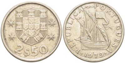 ПОРТУГАЛИЯ 2,5 ЭСКУДО 1979 ПАРУСНИК KM 590 медно-никель 4513-1152