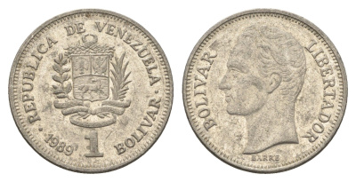 Венесуэла 1 боливар 1989 Симон Боливар, тонкий шрифт Y 52a.1 сталь плакированная никелем 4662-847
