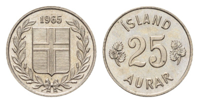 Исландия 25 эйре 1965 KM 11 медно-никель UNC 4690-632