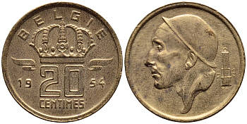 БЕЛЬГИЯ 20 САНТИМОВ 1954 BELGIE KM 147.1 бронза 4392-847