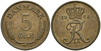 Дания 5 эре 1968 C; S, Фредерик IX (1947-1972) KM 848 бронза 4138-837
