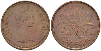 Канада 1 цент 1981 Елизавета II (1952-2022), кленовый лист KM 127 бронза 176-616