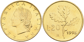Италия 20 лир 1995 R, дубовый лист KM 97.2 алюминиевая бронза  UNC  4594-939