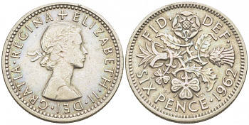 Великобритания 6 пенсов 1962 Елизавета II (1952-2022) KM 903, Spink 4149 медно-никель 3718-258
