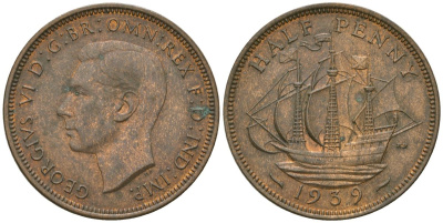 Великобритания 1/2 пенни 1939 Георг VI (1936-1952) KM 844, Spink 4115 бронза 4163-1114
