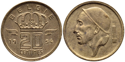 Бельгия 20 сантимов 1954 Belgie, Бодуэн I (1951-1993) KM 147.1 бронза 4392-847