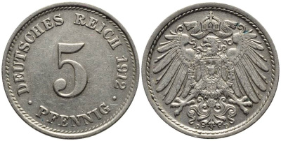 ГЕРМАНИЯ 5 ПФЕННИГОВ 1912 D KM 11, Jager 12, Weege 6 медно-никель 4547-528