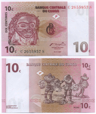 ДР Конго 10 сантимов 1997 маска пенде, танцоры пенде Pick 82 a бумага UNC (пресс) 444-114-2-2