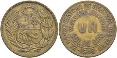 Перу 1 соль 1948 KM 222 латунь 118-1215