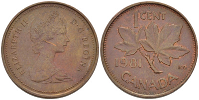Канада 1 цент 1981 Елизавета II (1952-2022), кленовый лист KM 127 бронза 176-616
