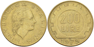 Италия 200 лир 1979 R, шестерня KM 105 алюминиевая бронза 113-1256