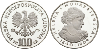 Польша 100 злотых 1975 MW, Хелена Моджеевская (1840-1909), в пластике KM 78, Parchimowicz 272 серебро PROOF 1097-1-43