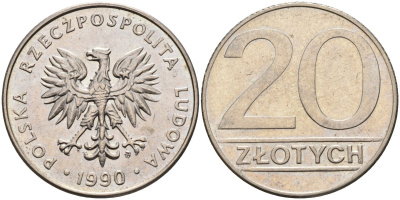 Польша 20 злотых 1990 MW KM 153.2, Parchimowicz 255b медно-никель 59-1542