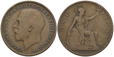 Великобритания 1 пенни 1913 Георг V (1910-1936) KM 810, Spink 4051 бронза 4607-1146
