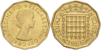 Великобритания 3 пенса 1966 Елизавета II (1952-2022) KM 900, Spink 4153 никель латунь 4556-632