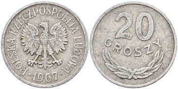 Польша 20 грошей 1967 MW KM А47 алюминий    4174-711