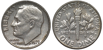 США 10 центов = дайм 1979 Рузвельт KM 195а медь плакированная медно-никелем 4124-449