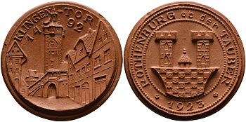 Клинген (Тюрингия) медаль 1923 замок Розенбурга, нотгельд, светло-коричневая  фарфор 02-203-14