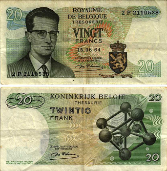 Бельгия 20 франков 1964 Бодуэн I, атомиум, d Haeze Pick 138 (1) бумага 7486-37-3-1