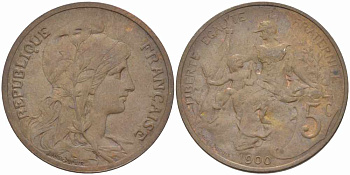 ФРАНЦИЯ 5 САНТИМОВ 1900 ТИП ДАНИЭЛЬ ДЮПЮИ KM 842, LE FRANC 119.9 бронза 108-822