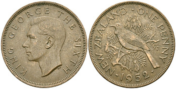 Новая Зеландия 1 пенни 1952 Георг VI (1936-1952), новозеландский туи KM 21 бронза 3457-142